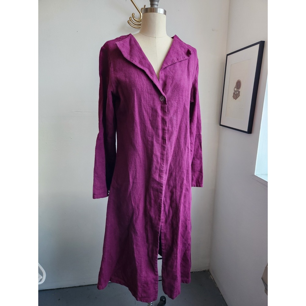 Bryn Walker Linen Long Cardigan Jacket XS Magenta Open Front Notch Collar
